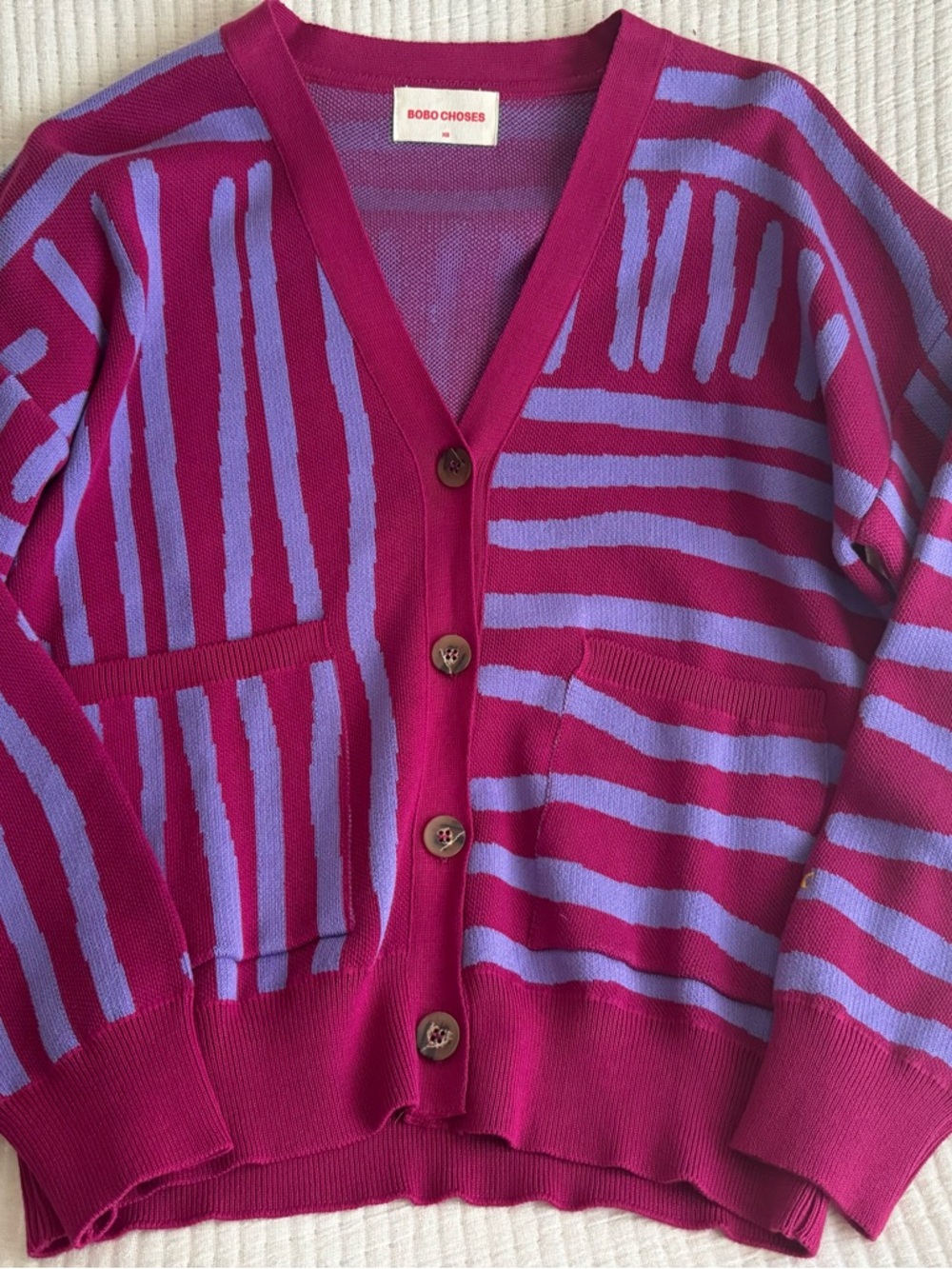 Bobo Choses Fuchsia & Lilac Striped V-Neck Cardigan
